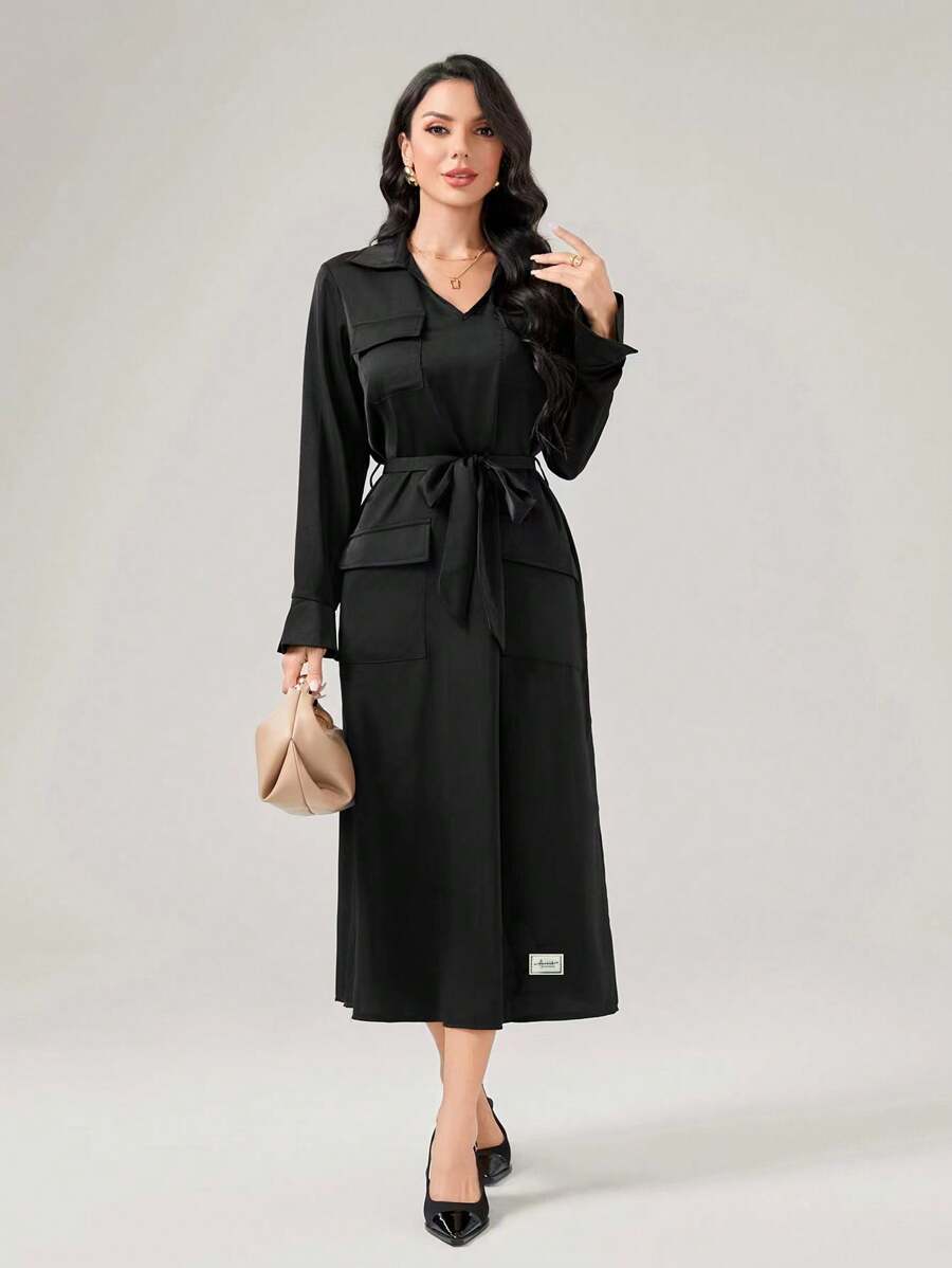 Seusyu Flap Pocket Belted Shirt Dress - Black - View 1