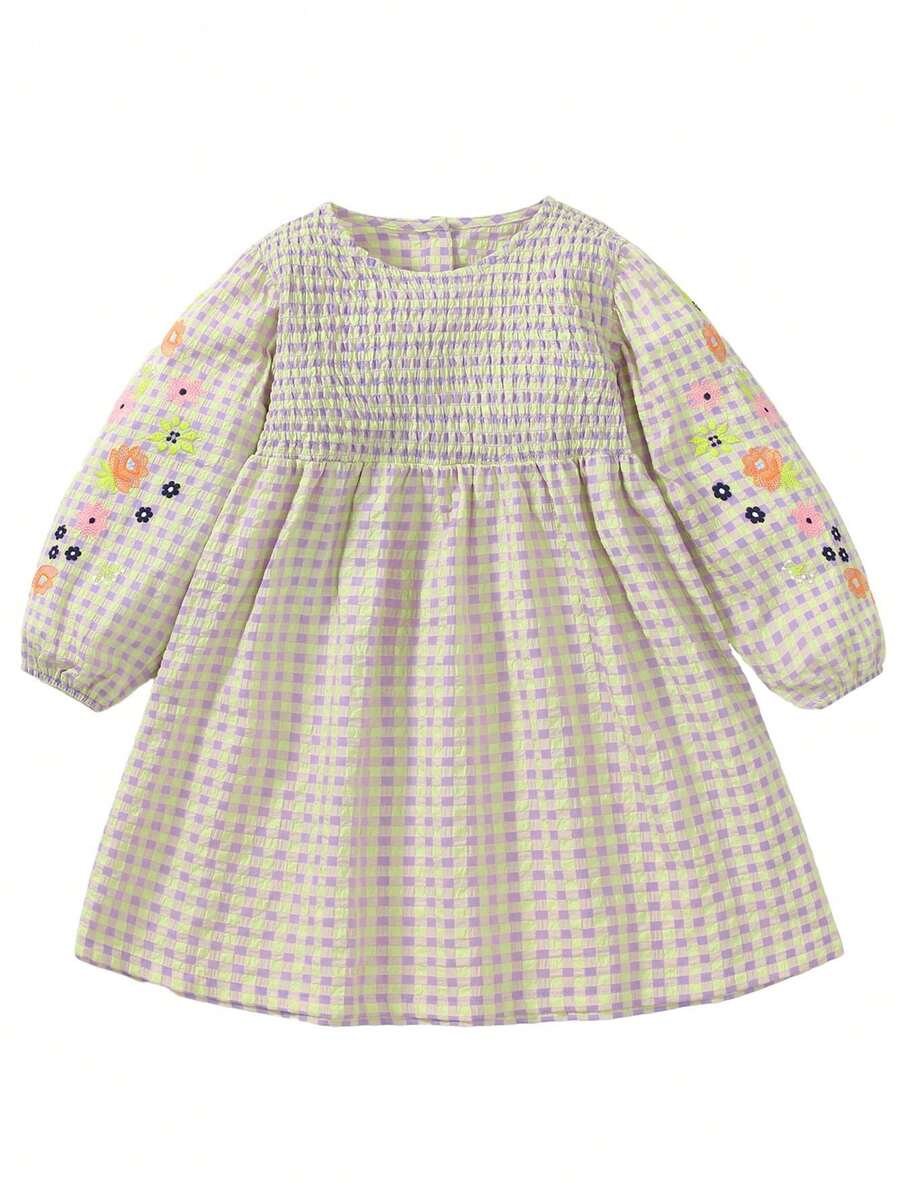 Young Girl 1Pc Embroidered Floral Weave Long Sleeve Dress For Spring And Autumn - Multicolor - View 1