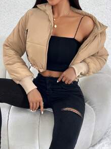 SHEIN PETITE Áo khoác đệm vai thả khóa kéo viền rút - màu nâu - Xem 4