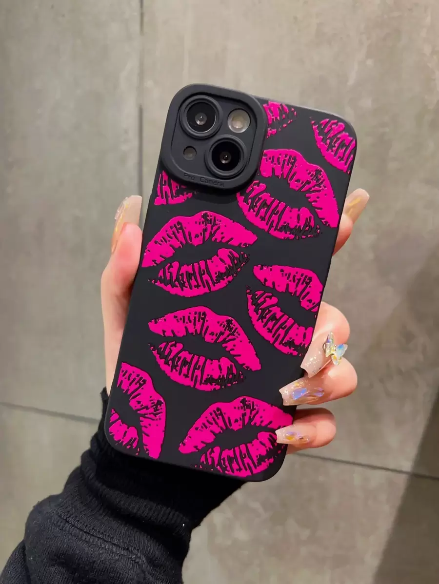 Lip Print Shockproof Silicone Phone Case Compatible With Iphone - Hot Pink - View 1
