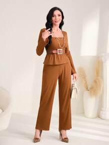 Seusyu 方领荷叶边上衣和裤子（无腰带）2 件套 - 咖啡棕 - 查看 3
