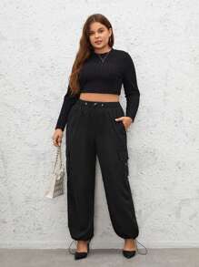 SHEIN Essnce Plus Drawstring Hem Flap Pocket Side Cargo Pants