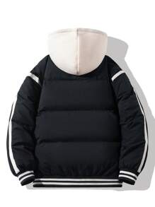 Men Striped Trim Drawstring Hooded Padded Coat - Black - View 2