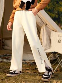SHEIN Tween Boy Slogan Embroidery Split Hem Pants - Beige - View 1