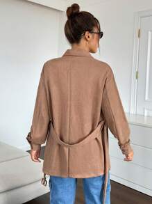 SHEIN EZwear 有蓋口袋落肩束帶大衣 - 駝色 - 查看 2