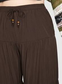 ROMWE Fairycore Talla grande Pantalones de pierna ancha de cintura con cordón bajo con fruncido - Marrón - Ver 5