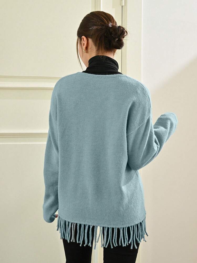 1pc Drop Shoulder Fringe Hem Sweater,Fall Women Clothes