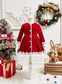 SHEIN Baby Girl Contrast Lace Velvet Dress