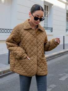 DAZY Drop Shoulder Quilted Pockets Coat ,Winter Women Clothes,Winter Coat Women Jacket - Brown - View 7
