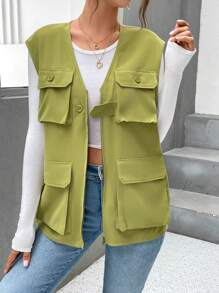SHEIN Essnce Flap Pocket Button Front Vest Jacket - Green - View 3
