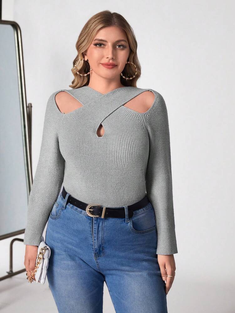 Plus Crisscross Cut Out Ribbed Knit Sweater