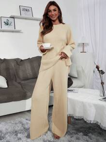 Mulvari Raglan Sleeve Sweater & Knit Wide Leg Pants 2 Piece Set