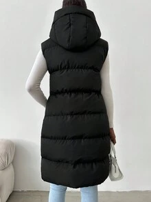 EURMUSE Zip Up Hooded Puffer Vest Coat - Black - View 2