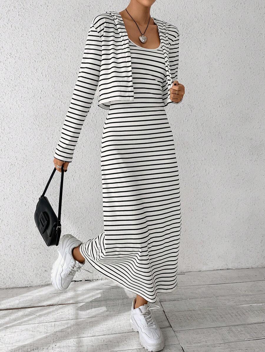 SHEIN EZwear Striped Print Cami Dress & Open Front Jacket - Black and White - View 1