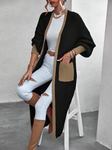 SHEIN Clasi Cárdigan con recorte en contraste, bolsillos duales y hombros caídos, blusas de manga larga