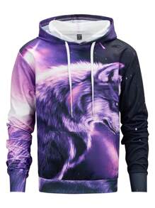 Manfinity LEGND Men 3D Wolf Print Drawstring Oversize Hoodie - Multicolor - View 3