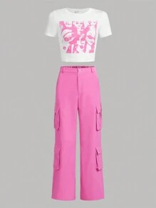 SHEIN للفتيات المراهقات جرافيك شخص تي شيرت & جيب قلاب بنطلون كارجو