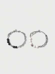 Set de 2 pulseras de acero inoxidable con diseño de piedras negras y blancas para adolescentes