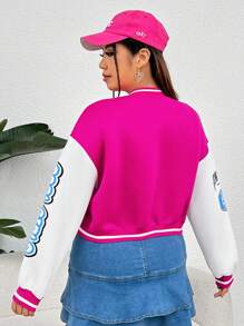 SHEIN EZwear 大碼字母圖案雙色落肩袖學院風夾克 - 粉色 - 查看 2
