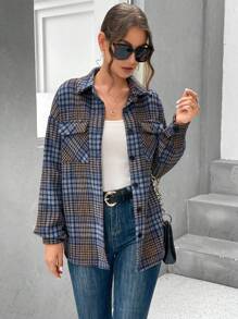 SHEIN Essnce 格子印花落肩翻蓋口袋大衣 - 彩色 - 查看 3