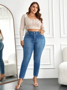 RueChic Plus Size  High Waist Skinny Jeans - Blue - View 5