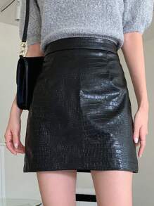 DAZY Crocodile Embossed PU Leather Skirt,Fall Clothes