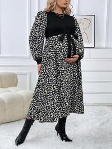SHEIN Thai sản In hoa Báo Tay áo lồng đèn Váy có thắt lưng - Lạc đà - Xem 1