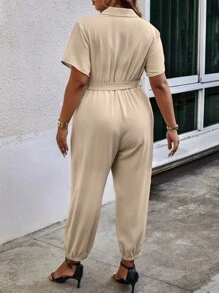 Calvaya Plus Flap Detail Belted Shirt Jumpsuit - Apricot - View 2