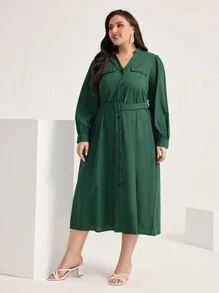 Mulvari Plus Flap Detail Button Front Belted Shirt Dress - Dark Green - View 3