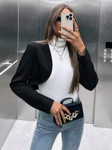 SHEIN Privé 素色開門襟短夾克 - 黑色 - 查看 3