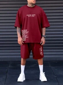 Manfinity Hombres talla grande Shorts con camiseta con estampado de slogan - Burdeos - Ver 3