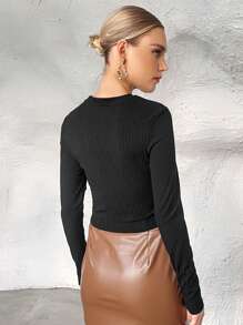 SHEIN Privé Lưới Dobby tương phản Đồ đan Ribbed Áo thun - Màu Khaki - Xem 2