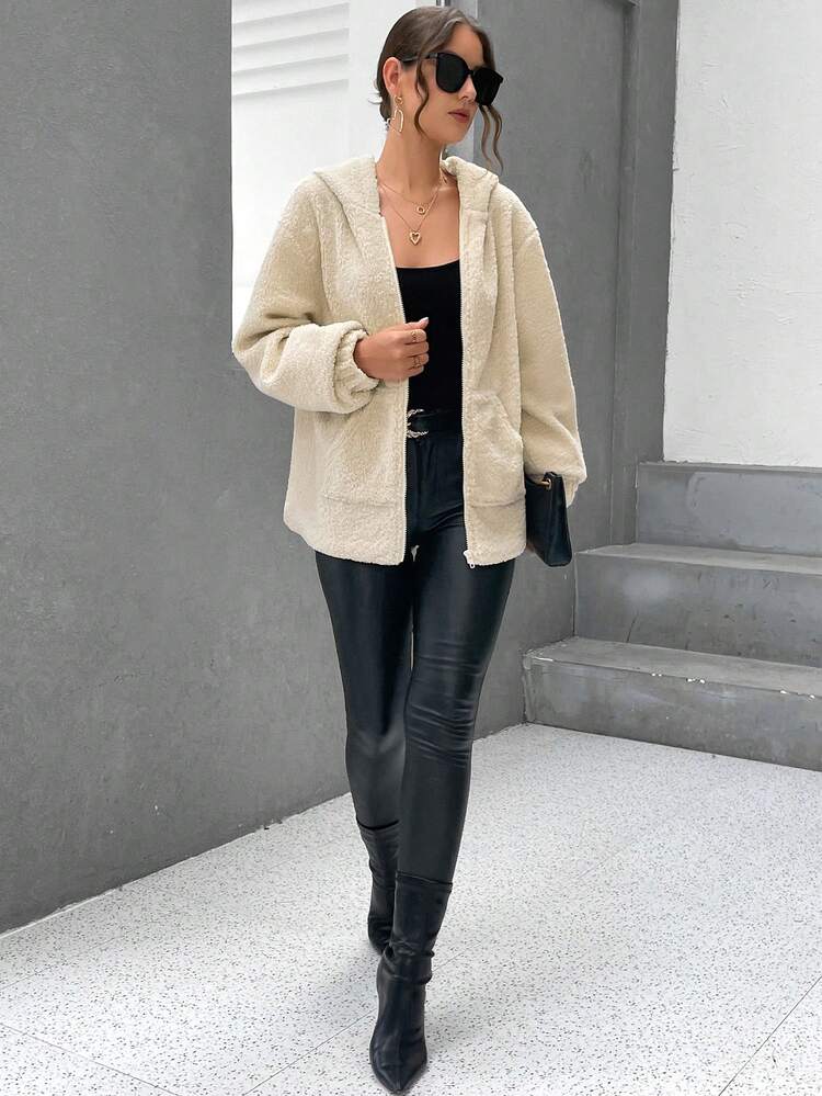 Drop Shoulder Hooded Teddy Coat