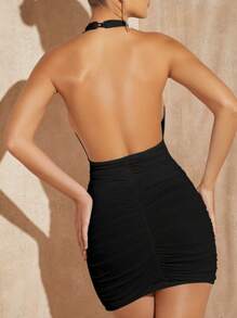 SHEIN BAE Vestido ajustado unicolor fruncido de espalda abierta halter - Negro - Ver 2