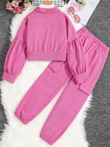 SHEIN 女大童翻蓋細節落肩袖夾克&工裝褲 - 玫紅色 - 查看 2