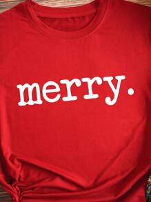 SHEIN EZwear Plus Christmas Letter Print Tee - Red - View 4