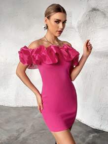 SHEIN Privé Vestido ajustado con hombros descubiertos y ribete de volantes - Rosa Fucsia - Ver 5