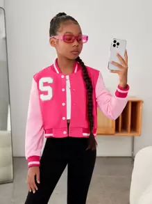 SHEIN Tween Girl Letter Patched Striped Trim Colorblock Varsity Jacket, Pink Jacket For Teen Girls, Letterman Jacket For Girls, Girls Varsity Jacket, Tween Varsity Jacket - Hot Pink - View 1