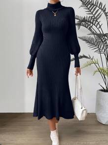 Chiquease Turtleneck Lantern Sleeve Sweater Dress - Navy Blue - View 3