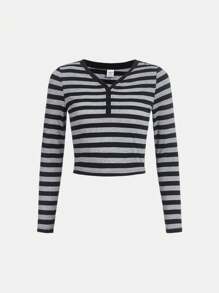 SHEIN Teen Girl Striped Half Button Crop Tee - Light Grey - View 1