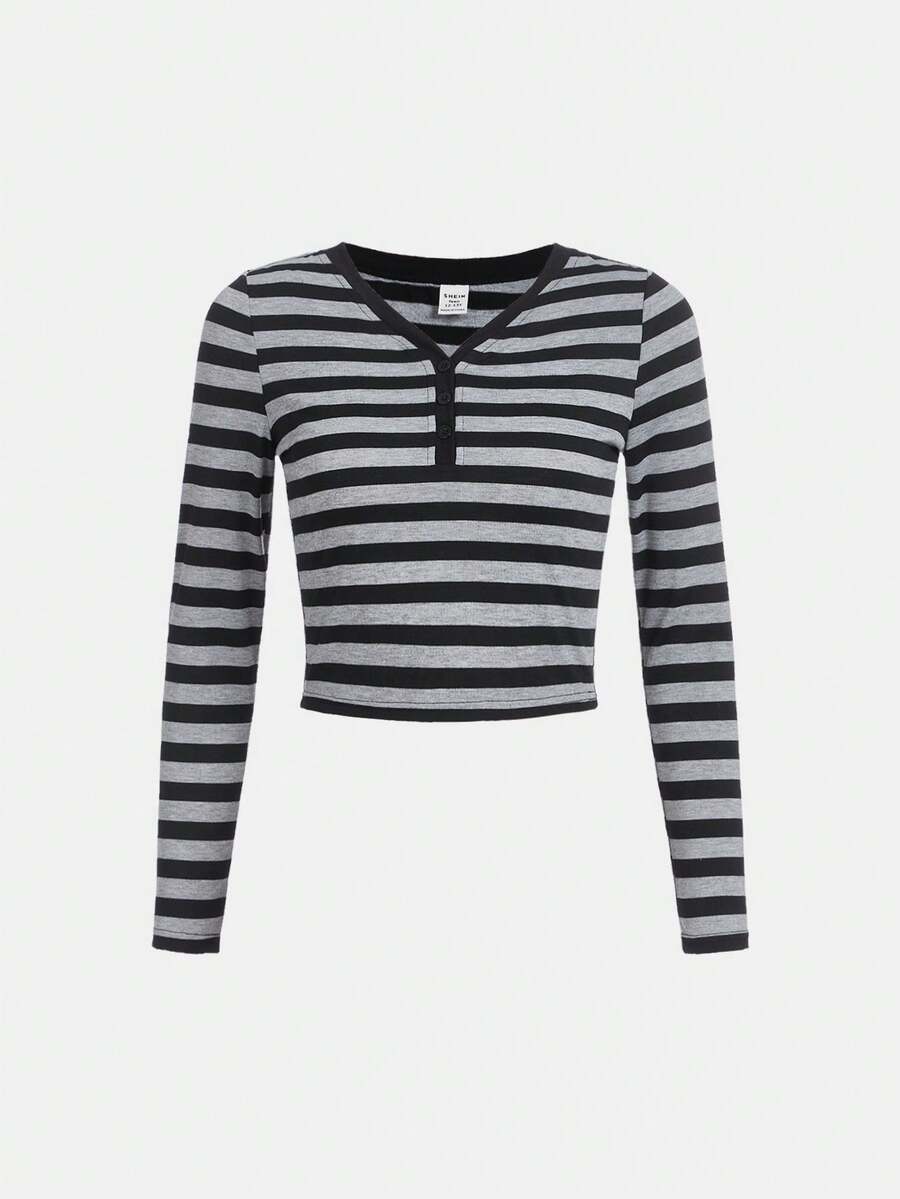 SHEIN Teen Girl Striped Half Button Crop Tee - Light Grey - View 1