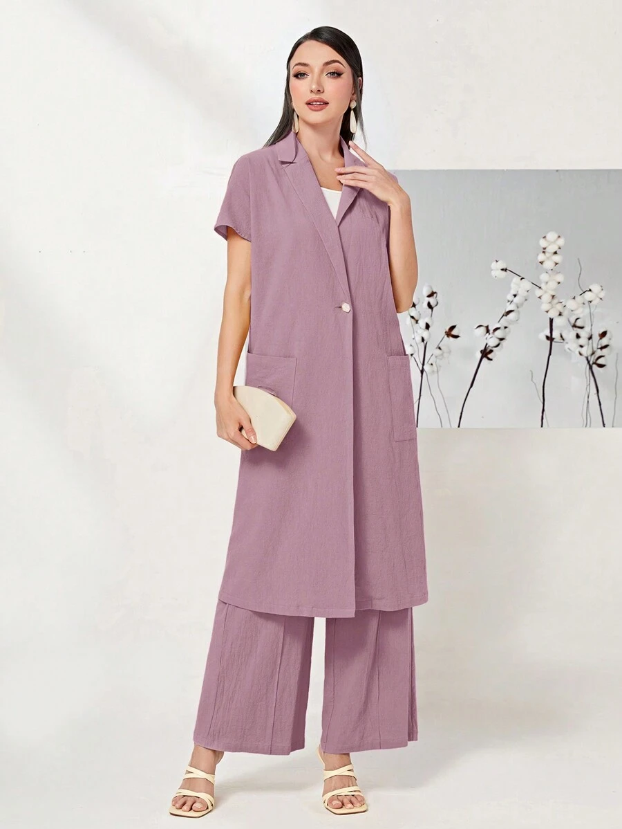 Seusyu Lapel Neck Dual Pocket Coat & Wide Leg Pants 2 Piece Set - Dusty Pink - View 1