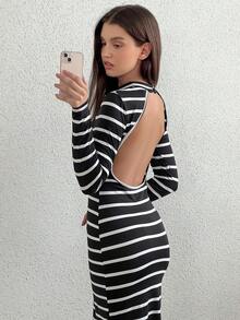 SHEIN Unity Striped Print Split Thigh Bodycon Dress - Black and White - View 3