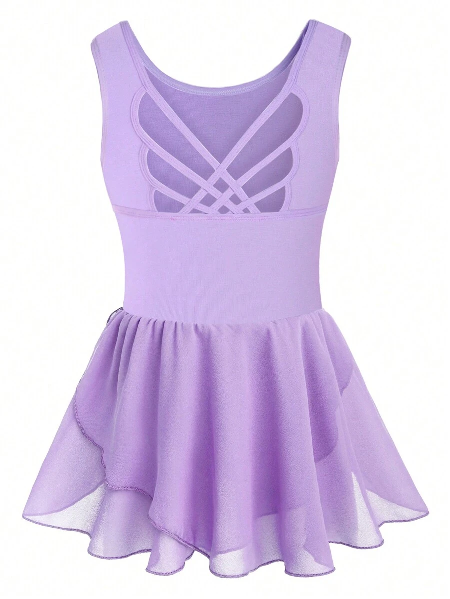 少女跳舞芭蕾舞服，蝴蝶空洞無袖雪紡裙跳舞練習/表演用 - 紫色 - 查看 1
