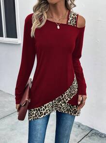 SHEIN LUNE Áo thun cổ tròn họa tiết da báo bất đối xứng Áo thun họa tiết da báo dành cho nữ - Màu Đỏ Sâu - Xem 6