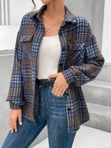 SHEIN Essnce 格子印花落肩翻蓋口袋大衣 - 彩色 - 查看 6