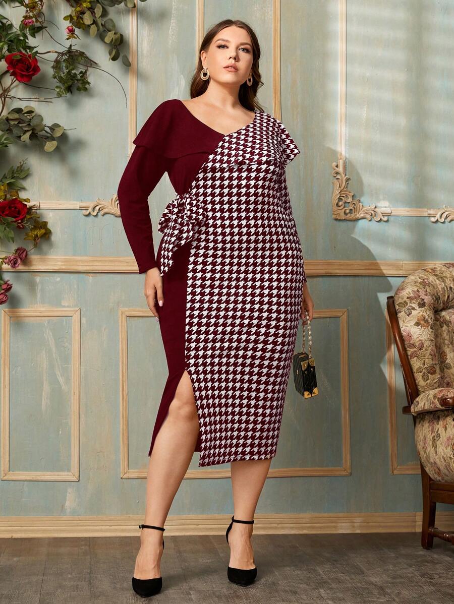 Modelyn Burgundy Red Plus Houndstooth Print Knot Side Split Hem Dress - Burgundy - View 1