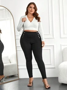 RueChic Plus High Waist Button Detail Skinny Pants - Black - View 5