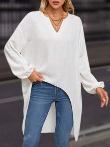 Blouse Encolure crantée Manches Bouffantes Asymétrique