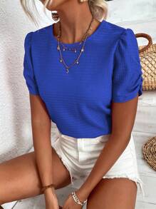 SHEIN LUNE Round Neck Ruched Puff Sleeve Tee - Royal Blue - View 3